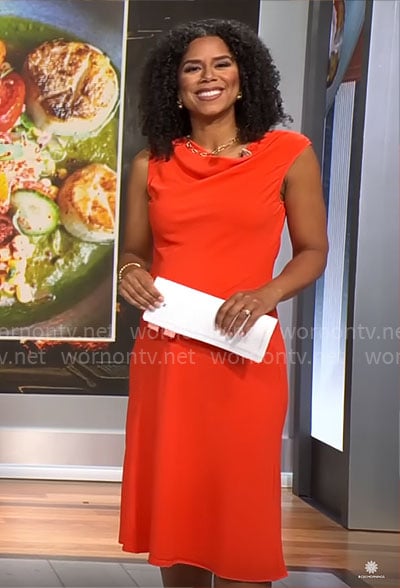 Adriana Diaz's orange cowl neck dress on CBS Mornings