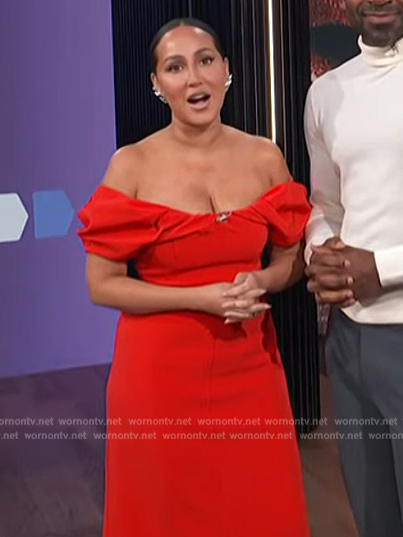 Adrienne's red off shoulder dress on E! News