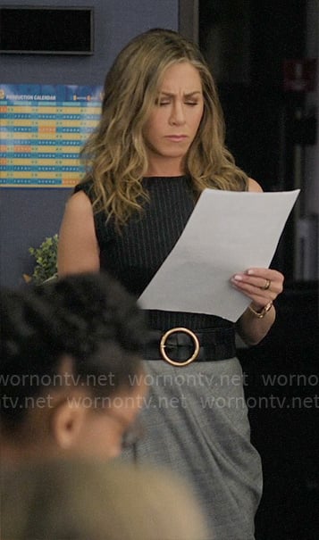 Alex's pinstripe and plaid draped dress on The Morning Show