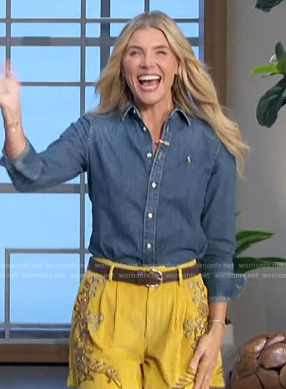 Amanda's denim shirt and floral embroidered shorts on The Talk