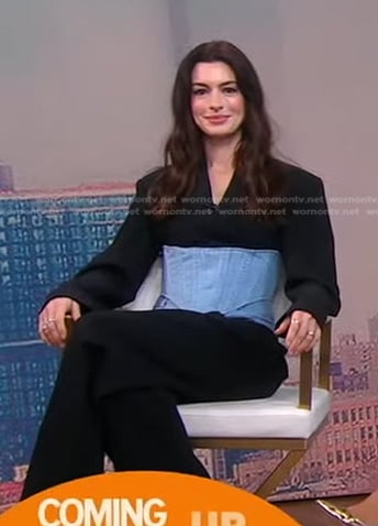 Anne Hathaway's black denim corset blazer and pants on Good Morning America