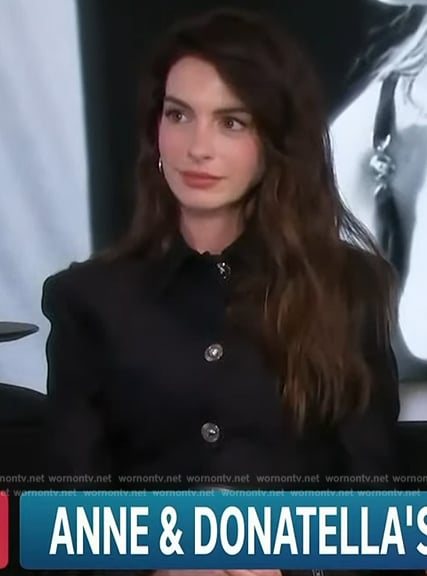 Anne Hathaway's black double breasted jacket on Access Hollywood
