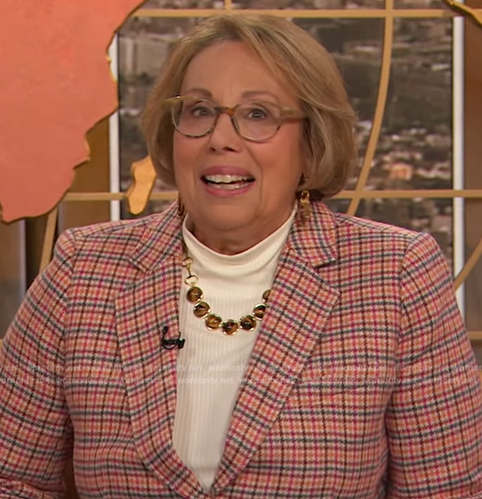 Barbara Costello's houndstooth print blazer on The Drew Barrymore Show