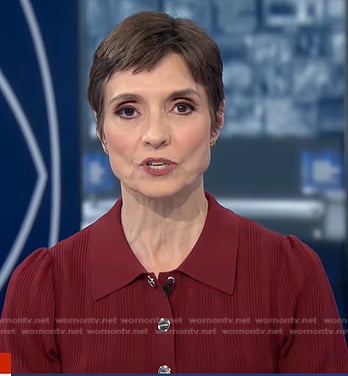 Catherine Herridge's burgundy ribbed knit polo dress on CBS Evening News