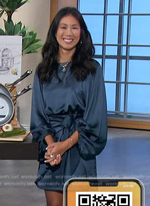 Chi-Lan Lieu's blue satin tie waist dress on The Talk