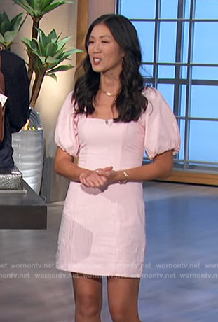 Chi-Lan Lieu's pink puff sleeve dress on The Talk
