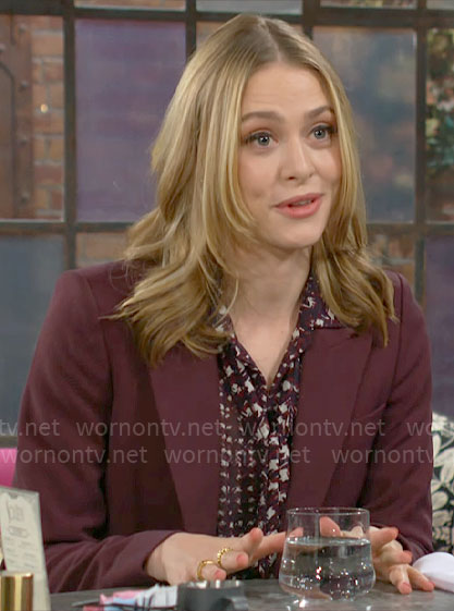 Claire's mixed print tie neck blouse on The Young and the Restless