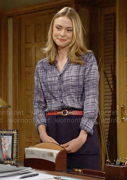 Claire's crosshatch print shirt and navy skirt on The Young and the Restless