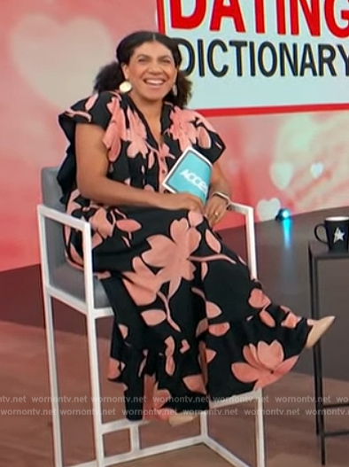 Damona Hoffman's black floral print dress on Access Hollywood