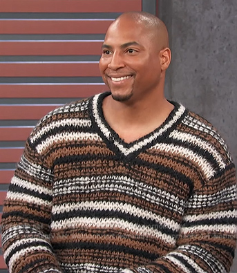 Dorian Renaud's brown stipe knit sweater on Access Hollywood