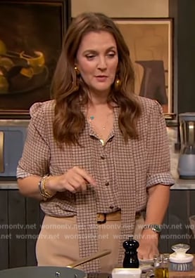 Drew's gingham check tie neck blouse on The Drew Barrymore Show