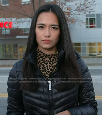 Emilie's beige heart print top and black jacket on Today
