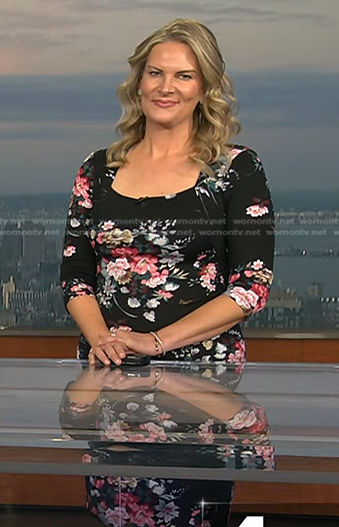 Emily West's black floral square neck dress on Today