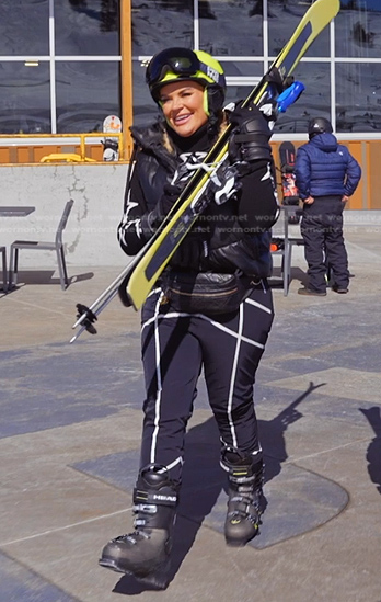 Heather's black star print sweater and piping ski pants on The Real Housewives of Salt Lake City