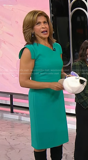 Hoda's green asymmetric neck sheath dress on Today