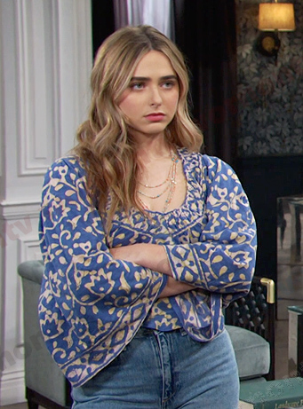 Holly's blue print scoop neck top on Days of our Lives