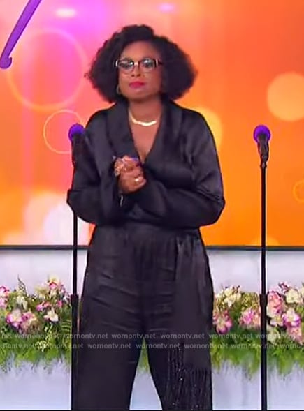 Jennifer's black fringe jumpsuit on on The Jennifer Hudson Show