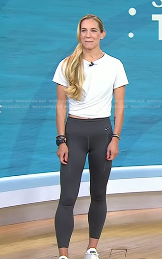 Jes Woods's white twist tee and grey leggings on Today