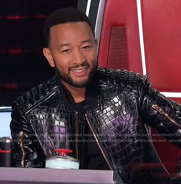 John's black croc embossed leather jacket on The Voice