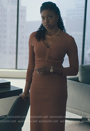 Kate's brown ruched front long sleeve dress on Billions