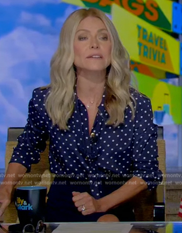 Kelly's blue polka dot blouse and skirt on Live with Kelly and Mark