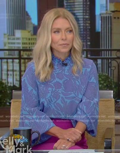 Kelly's blue floral print blouse and skirt on Live with Kelly and Mark