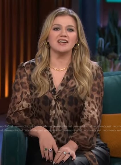 Kelly's leopard print tie neck blouse on The Kelly Clarkson Show