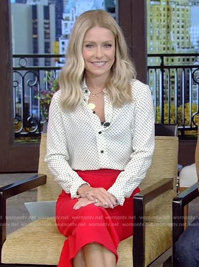 Kelly's white polka dot blouse on Live with Kelly and Mark