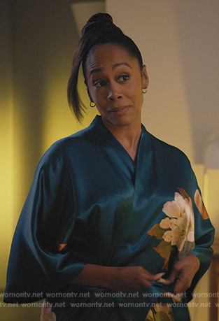 Lola's teal floral satin robe on All Rise