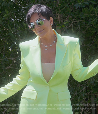 Kris's lime green blazer and pants on The Kardashians