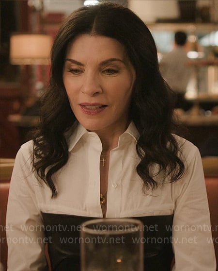Laura's white bustier shirt on The Morning Show