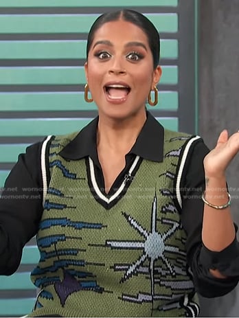 Lilly Singh's green print knit vest on Access Hollywood
