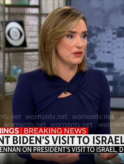 Margaret Brennan's navy twist neck dress on CBS Mornings