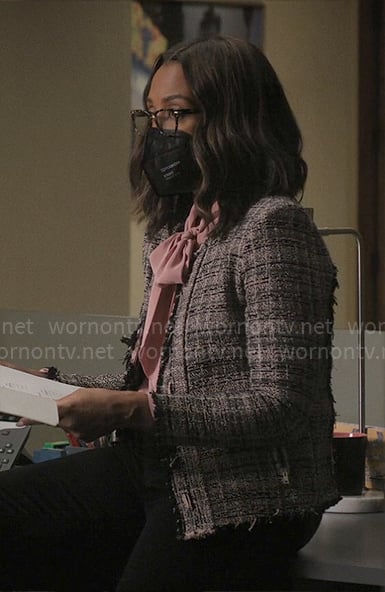 Mia's pink tweed jacket on The Morning Show