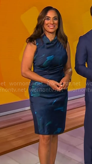 Michelle Miller's blue draped sleeveless dress on CBS Mornings