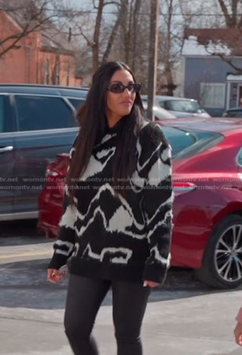 Monica's black and white abstract sweater on The Real Housewives of Salt Lake City