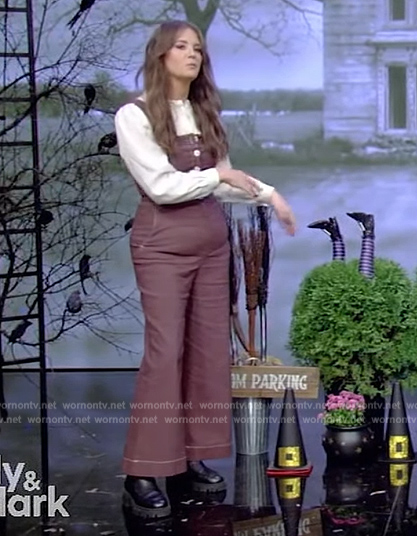 Monica Mangin's brown denim jumpsuit on Live with Kelly and Mark