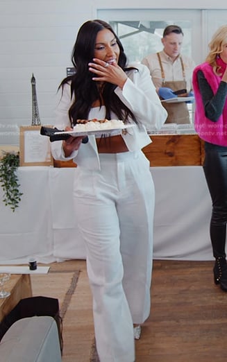 Monica's white cropped blazer and pants on The Real Housewives of Salt Lake City