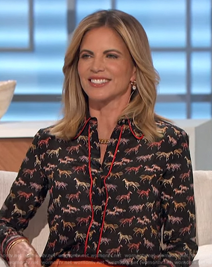 Natalie's black horse print blouse on The Talk