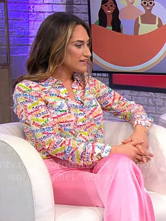 Paige More's words print top and pink pants on CBS Mornings
