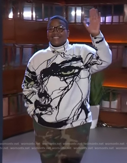 Sam Jay's white abstract face sweater on The Kelly Clarkson Show