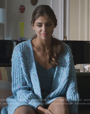 Sara's blue speckled knit cardigan on Elite