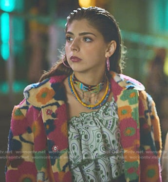 Sara's embroidered ruffle top and floral coat on Elite