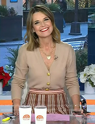 Savannah's beige cardigan and metallic striped skirt on Today