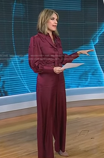 Savannah's burgundy tie neck blouse and pants on Today