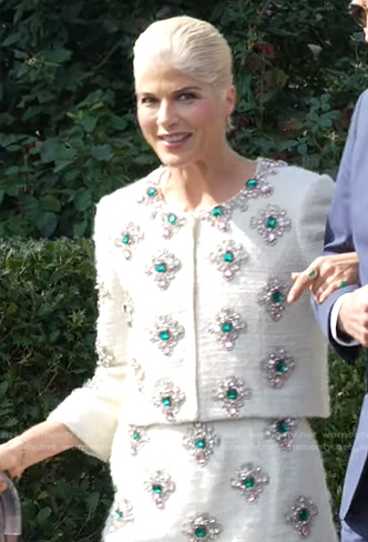 Selma Blair's white embellished jacket and skirt on Today