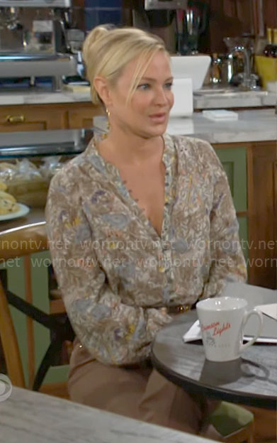 Sharon's floral button up blouse on The Young and the Restless