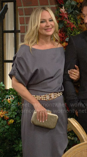 Sharon's grey off shoulder gown on The Young and the Restless
