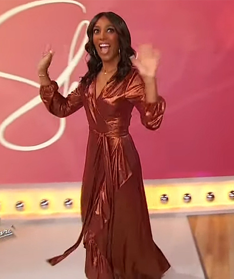 Shaun Robinson's bronze metallic ruffle wrap dress on Sherri