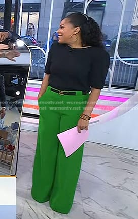Sheinelle's green pants and black gg buckle belt on Today